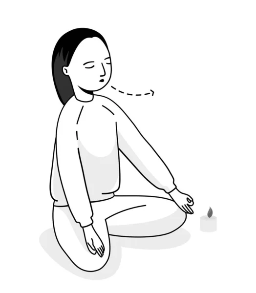 Изоляция Девушки Медитирующей Дышащей Набросок Векторной Иллюстрации — стоковый вектор