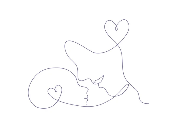 连续线条艺术的母亲带着一个有心形符号的婴儿 母亲节的概念 线形矢量图解 — 图库矢量图片