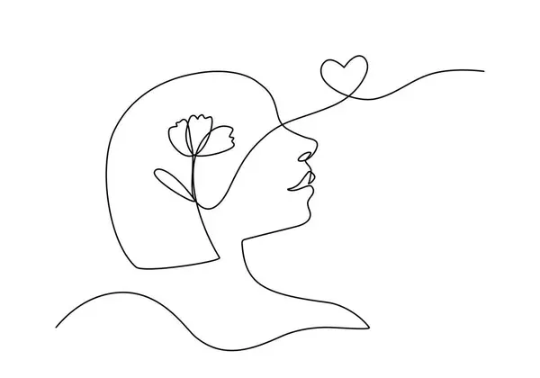 Continuous line art of a person with a flower inside human head and heart symbol, lineart vector illustration.