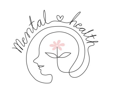 Continuous line art of a person with a flower inside human head and heart symbol, lineart vector illustration.