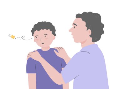 Babası dikkat eksikliği çeken bir çocukla konuşuyor ve dikkati kolayca dağılıyor. Düz vektör illüstrasyonu.