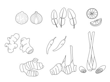 Tom Yum Çorbası, Asya yemekleri. El çizimi dış hat vektörü.