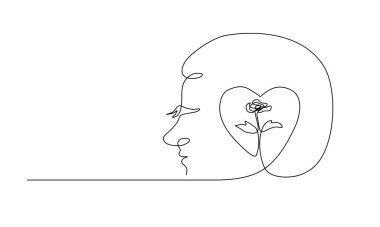 Çiçek ve kalp sembolü olan mutlu bir insanın aralıksız çizgisi sanatı, kendini sevme kavramı. Lineart vektör illüstrasyonu.