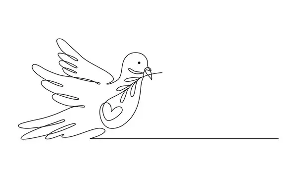 Zeytin dalı ve kalp şeklinde bir güvercin çizgisi, Barış Günü konsepti. Lineart vektör illüstrasyonu.