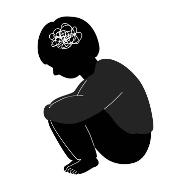 Bir çocuğun silueti el ele tutuşup stres ve depresyon sembolüyle dizlere sarılıyor..