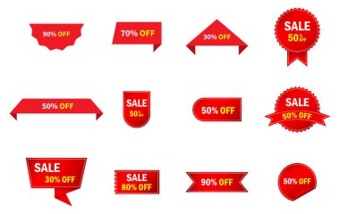 Set of red sale labels. Discount sticker. Circle Label. 50, 30, 70, 80 and 90 Percent Off Price Reduction. Discount tag, label, badge, and sign for Advertising.