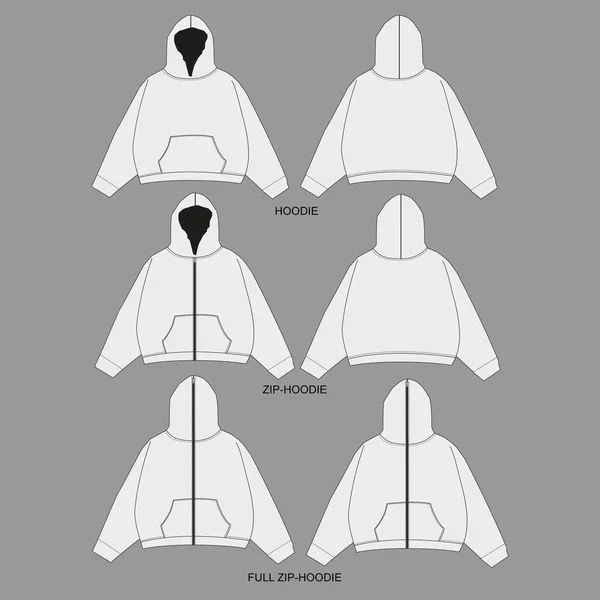 Hoodie Sweatshirt Flat Technical Drawing Illustration Mock Template Full Zip — 스톡 벡터