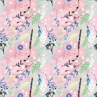 vector seamless floral pattern with hand drawn leaves and plants on pink background.