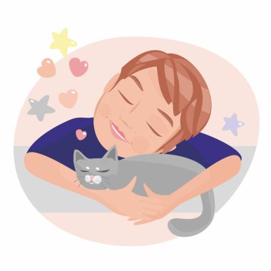 Boy sleeps hugging gray cat. Vector illustration