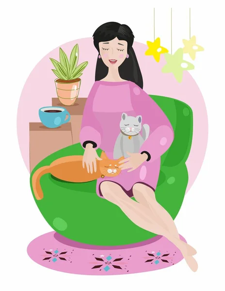 stock vector Cute illustration of a girl in pink dress sitting on an armchair with two cats on her knees