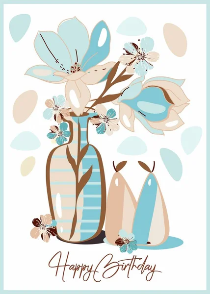 stock vector Happy birthday greeting card with blue flowers, pears