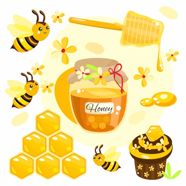 Pszczoły Plaster Miodu Słoik Miodu Krople Miodu Ciasto Miodowe Żółte — Wektor stockowy