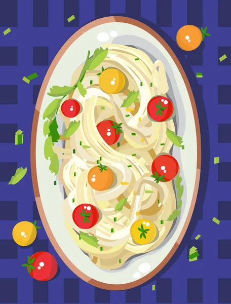 Spaghetti Cotti Con Pomodori Erbe Aromatiche Piatto Ovale Fondo Blu — Vettoriale Stock