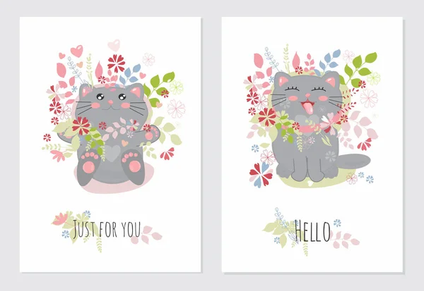 Stock vector Set of universal greeting cards with cats. Gray cats and flowers. Lettering Just For You. Hello.