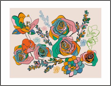 İç mekan için çağdaş tablolar. Çiçekler. İç boyama. Düz dizayn. El çizimi moda vektörü illüstrasyonu.