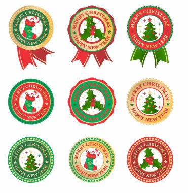 Yuvarlak Noel ve yeni yıl madalyaları, mühürler, çıkartmalar. 