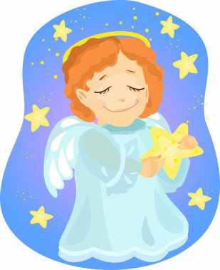 Kanatları olan sevimli küçük bir melek elinde bir yıldız tutuyor. Vektör illüstrasyonu