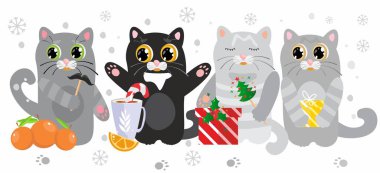 Komik Noel kedileri, portakallar, hediye kutuları, çubuktaki bıyıklar, çubuktaki Noel ağacı, şekerli bardak, kar taneleri. Vektör illüstrasyonu