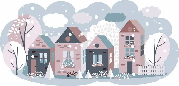 stock vector Winter landscape, houses, snow-covered trees, clouds, snow, town. Vector illustration