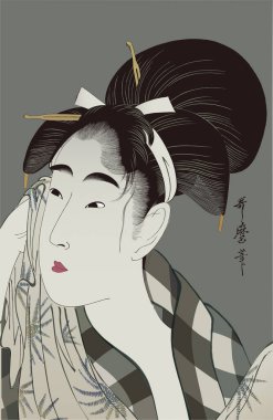 Kitagawa Utamaro, Ukiyo-e, Japon saç stili, saç bandı, kadın, güzel bir kadının portresi, illüstrasyon, ter temizleyen kadın.