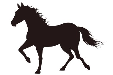 Bir safkan eyersiz atın tek renkli siluet vektör çizimi