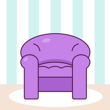 Tender icon of the lilac armchair with mint white striped wallpapers behind and beige floor