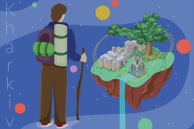 Blue travel postcard in small prince style of a tourist standing on the Milky Way surrounded by stars and planets looking at the flying island with Kharkiv (Ukraine) attractions on it