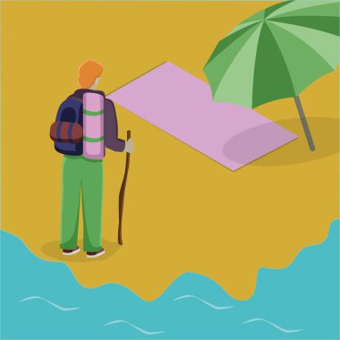 Bright isometric illustration of  ginger tourist with walking stick and rucksack standing on the yellow sand beach looking at green beach umbrella and pink mat and blue sea waves behind him