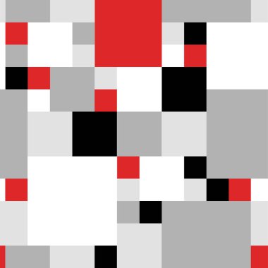Almost black and white monochromic seamless pattern made of squares of different sizes with addition of some red squares