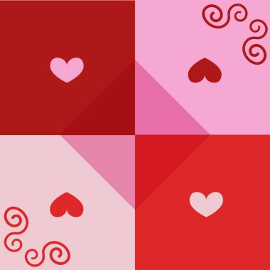 Tiled seamless pattern made of white, pink, red and burgundy squares with small hearts and ornaments inside them and one diamond in the middle