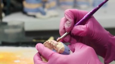 Protez teknisyeni kadınlar dişçi kliniğinde takma dişlerle çalışırlar..