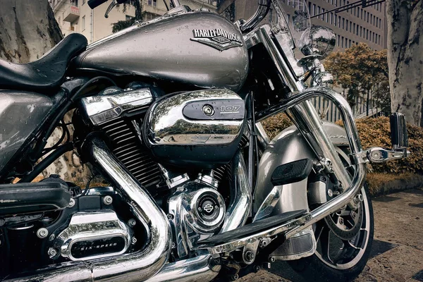 Close Lendário Motor Motocicleta Harley Davidson Com Moldura Sistema Escape — Fotografia de Stock