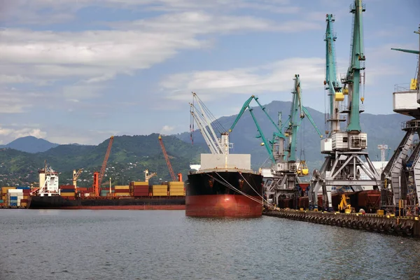 コンテナ クレーンに数隻の貨物船がある 世界市場における輸送 — ストック写真