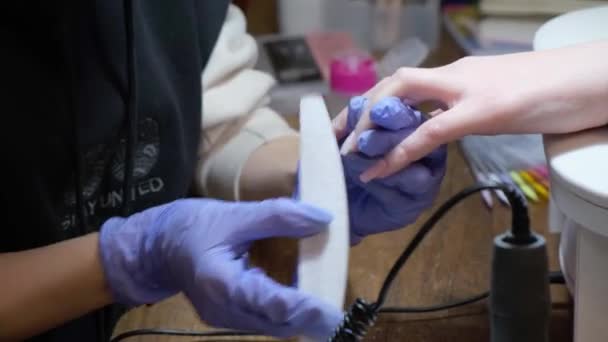 Genç Kadın Manikürcü Bir Müşteriye Kuaförde Manikür Yapıyor — Stok video