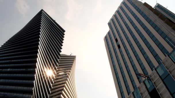 Bottom View Beautiful Few Modern High Rise Office Buildings Next — Stock Video