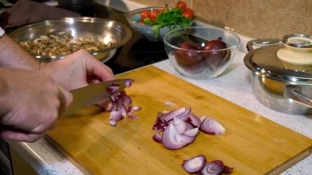 一个男人在桌子上的木板上切洋葱 上面放着蔬菜和菜 在家里厨房做饭 — 图库视频影像