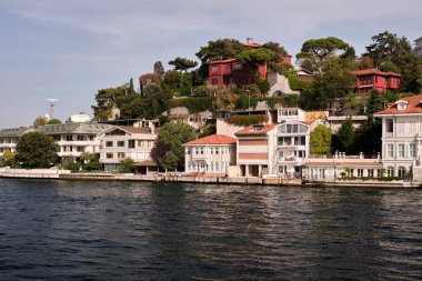 Yeşil dağların arka planına karşı deniz kıyısında güzel özel oteller ve evler manzarası.