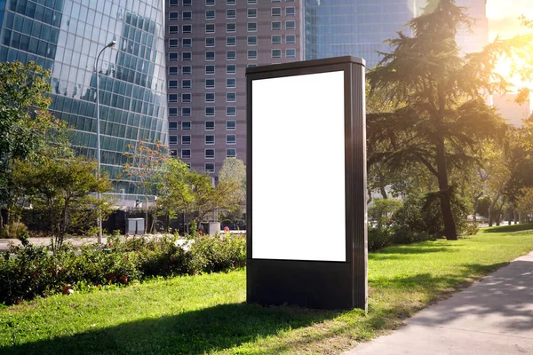 A large information display for advertising on the street in the city, against the backdrop of a skyscraper and a beautiful sunset sky.