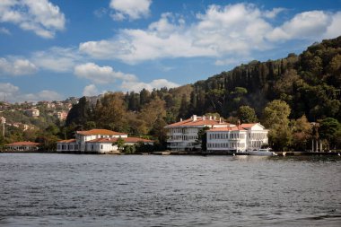 Yeşil dağların arka planına karşı deniz kıyısında güzel özel oteller ve evler manzarası.