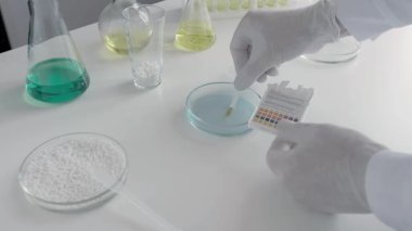 Kimya laboratuvarındaki bir bilim adamı petri kabındaki sıvının asit bazlı dengesini ölçüyor. Konsept: araştırma, biyokimya, ilaç.