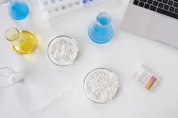 stock image Top view a workplace of a chemist scientist in a scientific laboratory. Laboratory Petri dishes with white granules on a background of chemical tools and glassware and laptop.