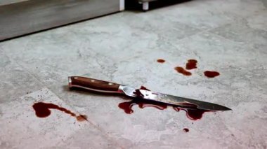 Olay yeri kanlı bıçakla döşeli ev mutfağında polis ve ambulans sireninin yansımasıyla..