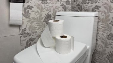 Dairenin tuvaletinin kapağında bir sürü tuvalet kağıdı var. Sorunlu bağırsak fonksiyonlarının kavramsal görüntüsü.
