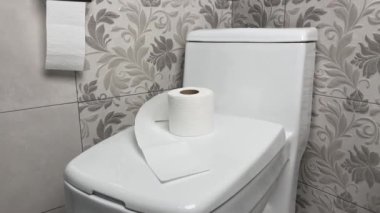 Dairenin banyosundaki tuvalet kapağının üzerinde bir rulo tuvalet kağıdı var. Hassas bağırsağın kavramsal görüntüsü.