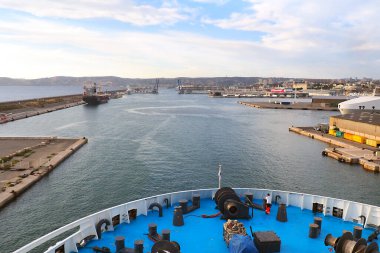 View of the exit from the port of Marseille from a ship leaving for Corsica