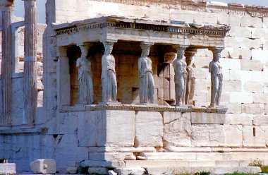 Caryatids are the amazing female-shaped sculptures that serve as columns in the Temple of the Erechtheion on the Acropolis, Athens, Greece