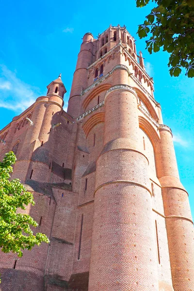 Dzwonnica Wspaniałej Katedry Sainte Cecile Zbudowana Czerwonej Cegły Rzece Tarn — Zdjęcie stockowe
