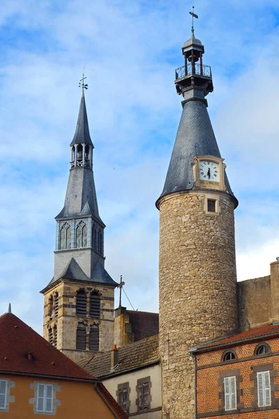 Campanario Iglesia Sainte Croix Torre Del Reloj Ciudad Saint Pourcain — Foto de Stock