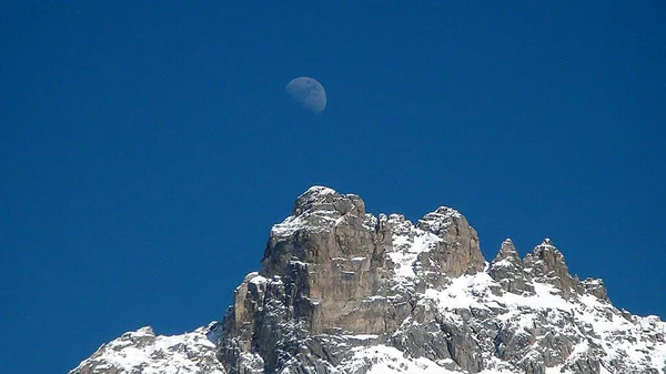 Silver Moon Mountain Covered Eternal Snows French Alps — Stock Photo, Image