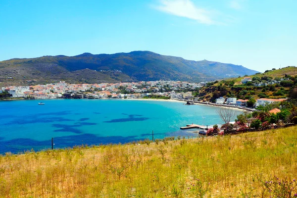 Panoramic View Harbour Nemporio Beach Old Town Chora Andros Famous — Stock Photo, Image